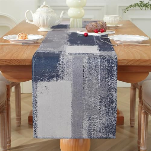 Tischläufer Frühling Modern Blau und Weiß Tischläufer Ölgemälde Retro Abstrakte Kunst Leinen Dekoratives Tuch für für Esszimmer Küche Bauernhaus Hochzeit Geburtstag Draussen 40 x 140 cm