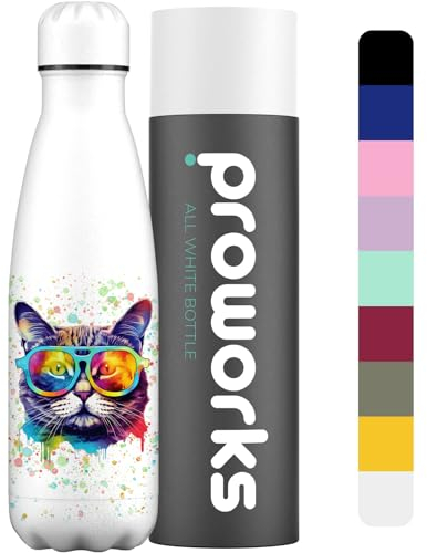Proworks Trinkflasche aus Edelstahl | 24 Stunden kalt und 12 Stunden heiß – Vakuum-Wasserflasche – Isolierflasche für Sport, Laufen, Radfahren, Yoga und Camping – 500ml – Farbspritzer – Katze