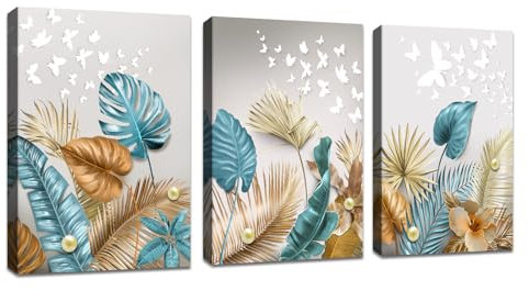 3 Panels Framed Canvas Wall Art Blue Caramel Botanical Tropical Leaves Picture Printed Poster White Butterfly Pearl Canvas Prints Wall Decor for Bedroom Living Room Bathroom Ready to Hang 30x40cmx3Pcs