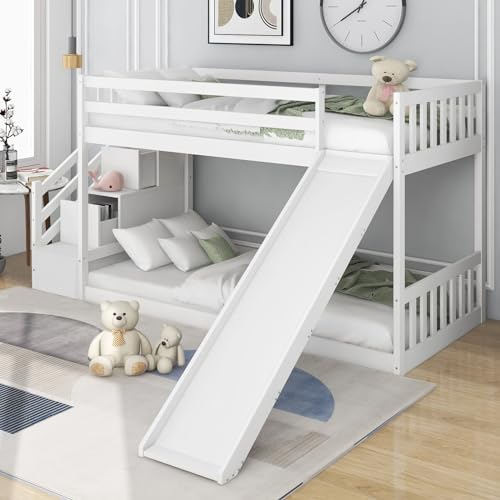 AMDXD Etagenbett mit Treppe und Rutsche, Rahmen aus massivem Kiefernholz, Hausbett Hochbett Kinderbett mit 2 Schubladen in der Treppe, 90x200cm, Weiß