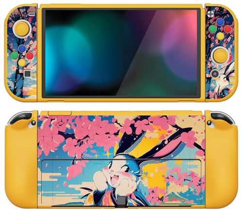PlayVital Funda Suave para Nintendo Switch OLED - Carcasa Protectora Ergonómica para Joy-con, Grip Antideslizante con Tapas de Joysticks y Botones ABXY & Dirección (Conejo Flor Pop)