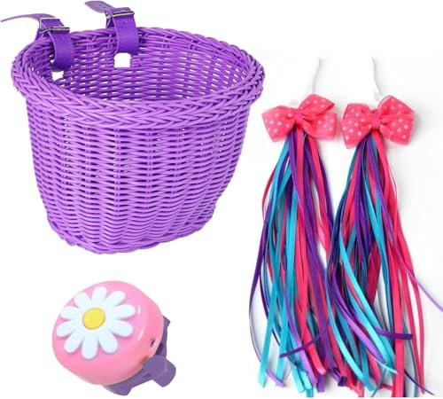 SVNR Fahrradkorb Kinder, Laufrad Korb Kinder, Fahrradkorb Geflochten aus Kunststoff-Rattan für Jungen und Mädchen, Einfach zu montieren,weich und formbar, mit Lederriemen, Klingel, Luftschlangen