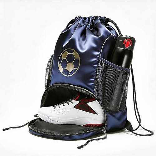 SFBSFL Oxford Drawstring Sports Backpack with Separate Shoe & Ball Compartment, 2 Water Bottle Mesh Pockets, Waterproof Gym Bag for Basketball Football Volleyball Gym Travel Men Women