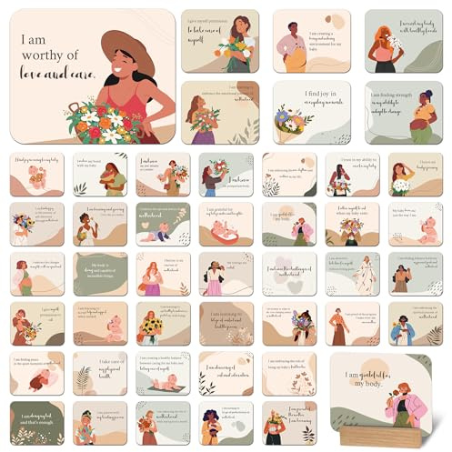 BIROYAL 45 Affirmationskarten Geburt für Mama (mit Holzständer) - Affirmationskarten Schwanger als für Neu Mütter Geschenk - Inspirationskarten & Achtsamkeitskarten 88x72mm mit Motivierenden Sprüchen