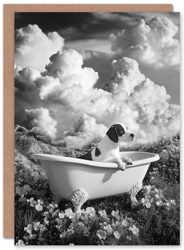 Artery8 Greeting Card Dog Lover Beagle in Floral Meadow Bathtub Surreal Blank For Him Or Her Art Birthday Card