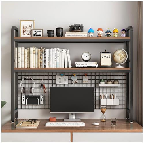 NUODWELL 2 Tier Computer Desktop Bookcase, Metal Display Rack with Grid Panel 37.5 Inch Multipurpose Wood Desk Hutch Bookshelf for Computer Display Rack for Office Home Dorm (Black)