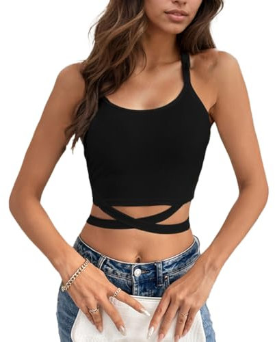 Auriselle Strappy Crop Top Canotta Y2K Senza Maniche per Le Donne Sexy Top con Cravatta Trasversale Slim Stretch per Partito, Estate Sera Moda Intima, Nero, L