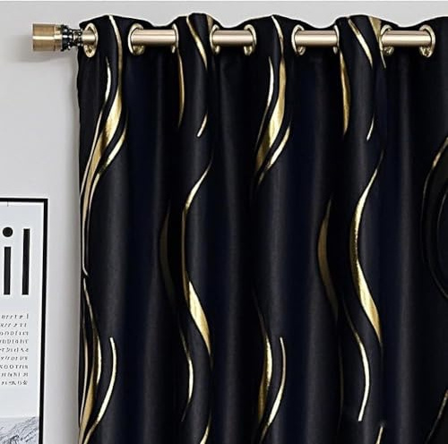 MYRU 2 Panels Set Luxury Striped Blackout Curtains for Bedroom Living Room (Black and Gold, 2 x 66x106 Inch)