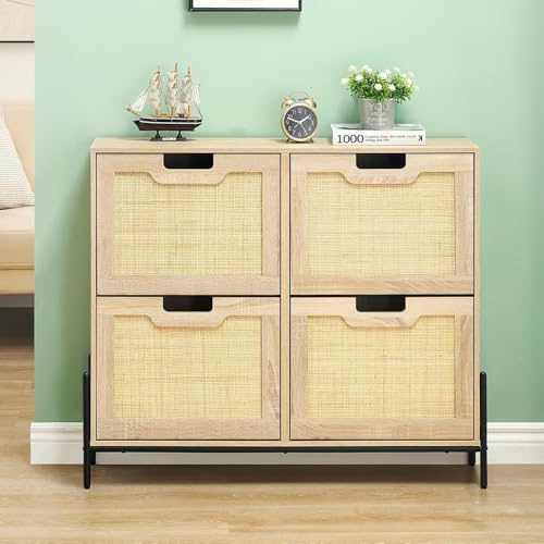 OPULENTHOME Schuhschrank Schmal, Schuhkipper mit 4 Klappen Pour 20–22 Paar, Einstellbar Ablageflächen, Metallfuß, Schuhschrank Rattan für Flur Eingang 100 x 24 x 88 cm