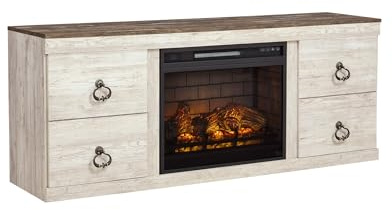 Signature Design by Ashley Willowton Cottage 60 TV Stand with Electric Fireplace for TVs up to 69, Whitewash