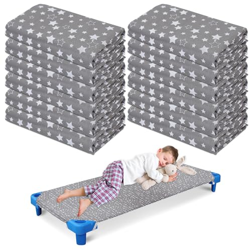 12er-Pack Spannbettlaken Kinderbett Set, 130 x 60 cm Bettlaken für Stapelbares Kinderbett, Kita Nap Cot Graues Sternenmuster Bettlaken Kinder für Kita Kindergarten