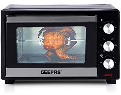 GEEPAS 25L Mini Oven & Grill | Electric Oven with Rotisserie Baking Roasting & Grilling | 1600W Temp Control Double Glass Door 60min Timer Auto Shut Off Bell Compact (Renewed)