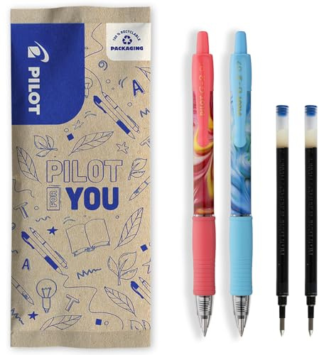 PILOT - Set of 2 G2 Flow + 2 refills - Limited Edition - Retractable and Refillable Gel Rollerball Pens - Excellent Writing Comfort - Pink, Blue Case - Blue Ink - Medium Tip