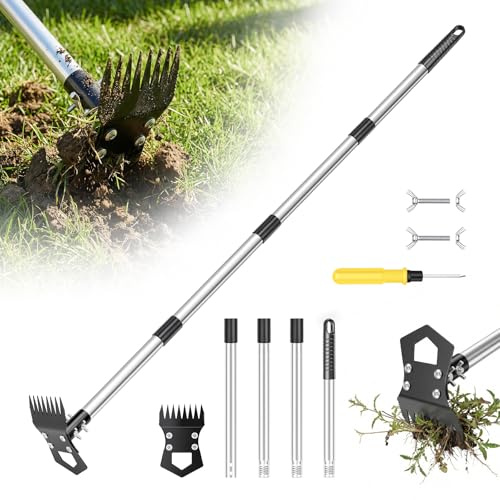 Hysagtek Weed Puller Tool with Long Handle - 150cm Weed Remover Tool 2-in-1 Weed Rake & Garden Hoe Heavy Duty Ergonomic Gardening Tools for Yard, Lawn, Patio, Garden