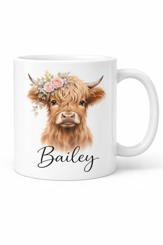 Vacso Trading Personalised Highland Cow Mug – Custom Name Coffee Cup | Cute Floral Highland Cow Gift | Farm Animal Lover Mug | Personalised Tea Cup with Any Name