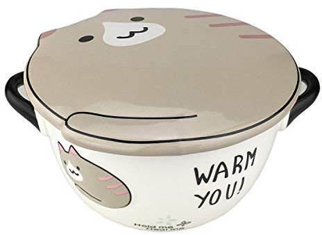 VanEnjoy Große Kapazität 680 ml 3D Cute Cartoon Mikrowelle Keramik Suppe Katze Schüssel Instant Nudel Schüssel Müslischale für Salat Obst Gemüse mit Keramik Kitty Katze Deckel und Griffen (Reis)