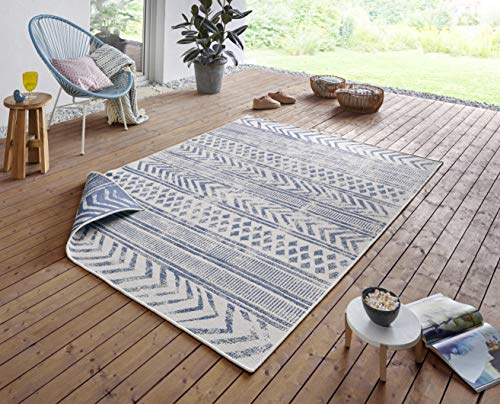 NORTHRUGS In- und Outdoor Teppich Biri 80x150cm - Wendeteppich Wetterfest Boho Style Vintage Design Läufer für Balkon Terrasse Garten Wintergarten Wohnzimmerteppich Wasserfest in Blau Creme