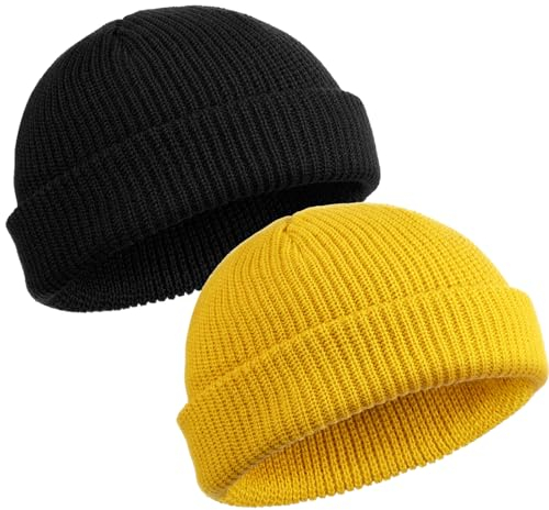 SATINIOR 2 Stücke Trawler Mütze Fleece Uhr Kapp Roll Up Kante Schädeldecke Wintermütze Unisex (Schwarz, Gelb)