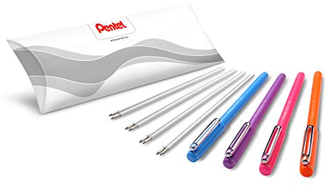 Pentel BX460 iZee Kugelschreiber 4 Farben Set inkl Nachfüllminen, farblich sortiert, Gehäusefarbe entspricht Schreibfarbe, Kappe mit Metallclip, Strichstärke 0,5 mm = Kugeldurchmesser 1,0 mm