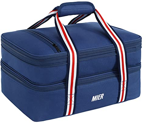 MIER Insulated Double Casserole Carrier Thermal Lunch Tote for Potluck Parties, Picnic, Beach, Fits 9 x 13 Inches Casserole Dish, Expandable, Dark Blue