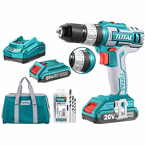 TOTAL - Trapano a percussione elettrica a batteria 20V con 2 batterie e accessori da 50 pezzi, borsa inclusa