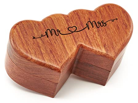 Handicraftviet Ringschatulle Mr and Mrs - Handgefertigte Ringbox in Herzform für Hochzeitszeremonie, Eheringschachtel klein graviert für Verlobung/Antrag, rustikale Ringbox (Holzringhalter)