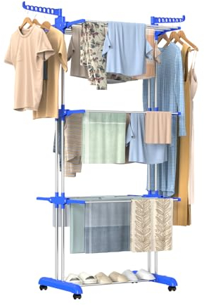 Innotic Clothes Drying Rack Foldable Standing Stainless Large Space Washing 4-Tier Airer Horse Laundry Hanger Dryer for Home Garden Storage Indoor Outdoor (Blue-grey)