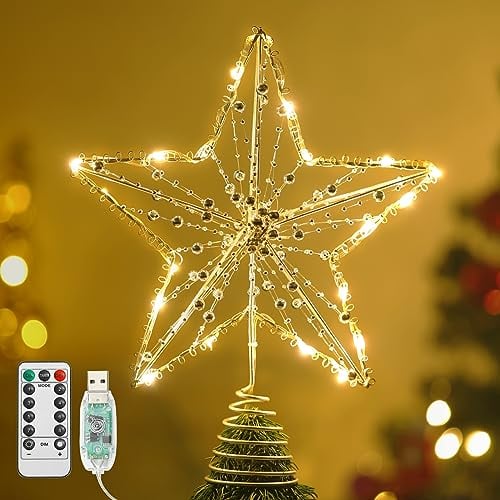 Lewondr Christmas Star Tree Topper, USB Powered Remote Controlled 11.8 Inch With Lights and Beads, Holiday Party Decorations for Xmas Tree, Gold