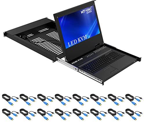 MT-VIKI 16 Port Rack Mount Monitor KVM Switch, 1U Rack KVM Console w/17.3'' LCD Monitor, 1080P@60Hz, Support OSD/Hotkey + 16 USB HDMI KVM Cables