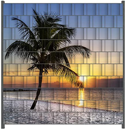 Wallario Zaun Sichtschutz Windschutz für EIN- und Doppelstabmattenzäune in der Größe Breite 2,00m x Höhe 2,00m, Motiv: Palme am Strand - Sonnenuntergang über dem Meer
