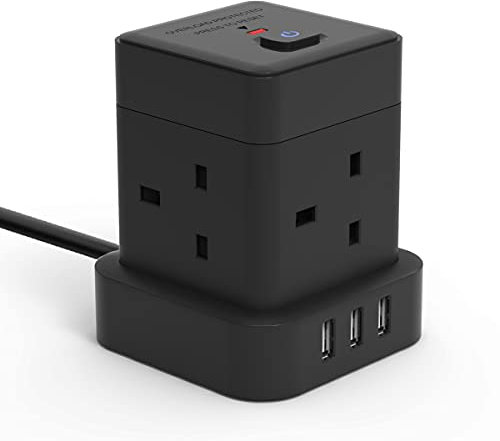 Cube Extension Lead 3M With USB Slots, Baykul 4 Way Extension Cord With 3 USB Ports, Black Long Power Strip With Switch Multi Plug Extension Cable With Overload Protection For Home Travel Office Dorm