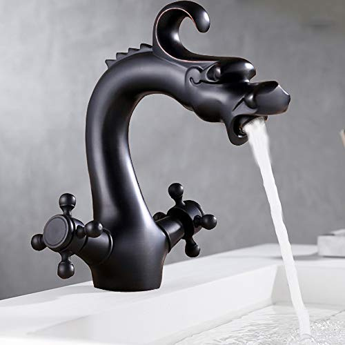 Antik Badarmatur Waschbecken Wasserhahn Mischbatterie Schwarz 2 Griffe, Drachenförmige Designgriffe, Einfach Installieren Reinigen