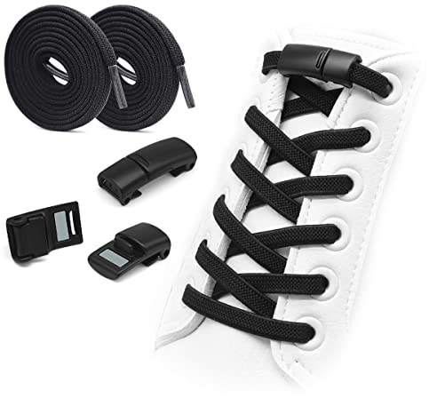 HNOOM Cordones Elásticos Sin Nudo con Hebilla Metal Magnética, 2 Pares Cordones Elásticos Zapatillas Deporte de Goma [No es Necesario Atar los Cordones de los Zapatos Adultos Niños] (Negro)