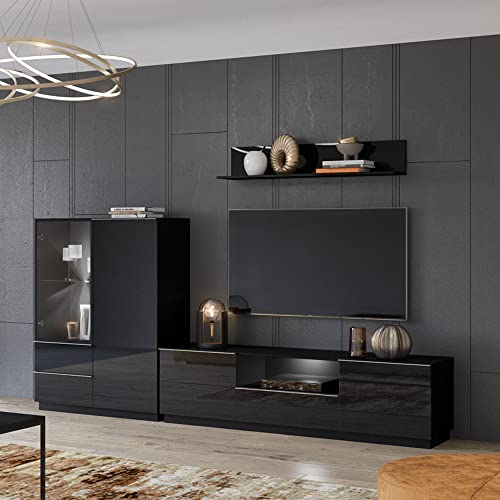 Lomadox Anbauwand Wohnzimmer schwarz mit LED Beleuchtung und Glasfronten, B/H/T: ca. 295/195/48 cm