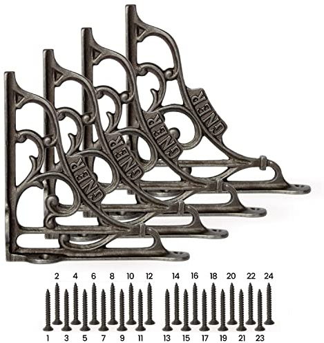 Edenic 4pcs Scaffold Board Shelf Brackets - 6x6 Inch Cast Iron Heavy Duty Wall Bracket for Shelves with 24 Wall Mounted Screws 25mmx3.5mm for Kitchen, Living Room, Outdoor Countertop Support