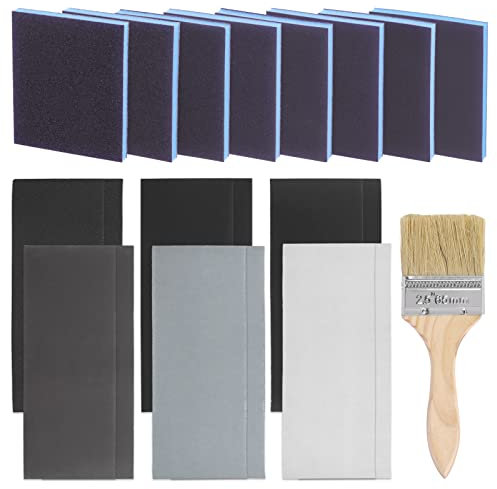 Glarks Set di spugne abrasive da 29 pezzi, tra cui 16 spugne abrasive grana 60-280, grana media e fine, 12 pezzi di carta vetrata a grana 240-5000 e 1 pennello per levigatura automobilistica,