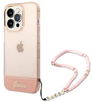 Guess GUHCP14XHGCOHP Hard Case for iPhone 14 Pro Max 6.7 Inch Pink/Pink Translucent Pearl Strap Black