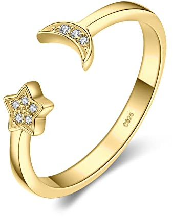 JewelryPalace Mond Sterne Verstellbar Promise Stapelring Eheringe Ring Silber 925 Damen, Zirkonia Silberringe Trauringe Damenring Einstellbare Offene Damen Ringe Set, Damen Schmuck Vergoldet