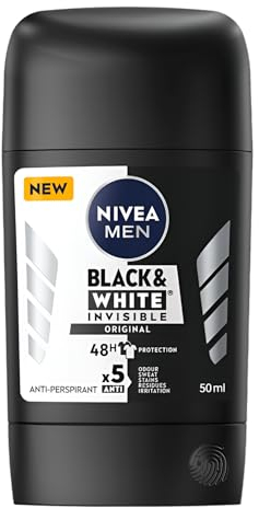 NIVEA MEN Stick INVISIBLE BLACK AND WHITE ORIGINAL Extra Fresh And Clean 48h Antiperspirant No White Marks On Yellow Stains Patented Emulsion Technology, Pack Of 2, 2 X 50ML, 48H Protection