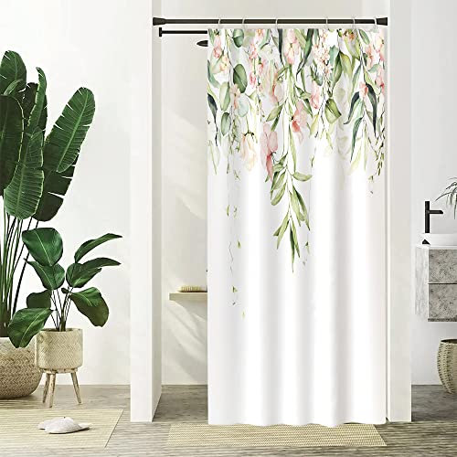 Uiiooazy Tenda doccia anti muffa, tenda doccia stretta 90 x 180 cm, verde chiaro, foglie di eucalipto, fiori rosa, piccole tende da bagno in tessuto lavabile, impermeabile, tende da bagno con 6 ganci