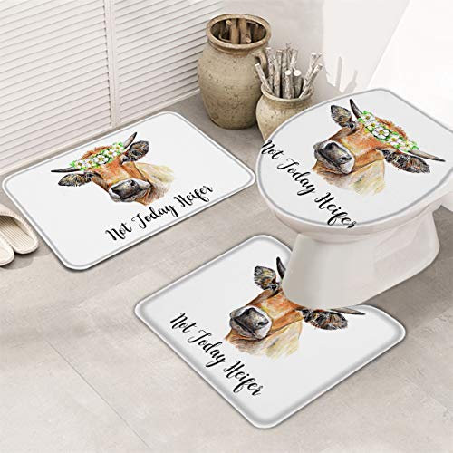 Set 3 Teilig Badvorleger Nicht Heute Färse Süße Kuh Mit Blume Weiche Bade-Matte+Kontur+Wc-Deckelabdeckung Langlebige Badgarnitur Badematten Für Dusche Badewanne Badezimmer