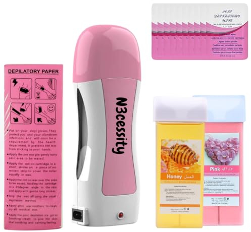 Roll on Wax Kit, Wax Roller Kit with Honey and Rose Wax Cartridges, Roll on Wax Warmer for Women & Men Sensitive Skin, Roller Wax Kit for Hair Removal with 100 Wax Strips, 10 Wipes