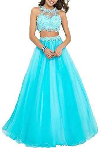 2-teiliges Ballkleid aus Tüll, lang, für Abschlussfeier, Party, Perlen, formelles Kleid, Blau, 48