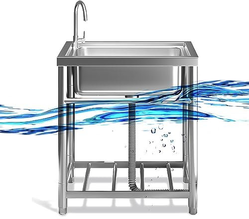 KADEUX Restaurant Gewerbliche Spülbecken, Tragbare Einzelbecken Edelstahl Ausgussbecken, Mobiles Küchenspüle Gastro Spüle Mit Wasserhahn, Freistehendes Handwaschbecken (Color : Hot and Cold, Size :