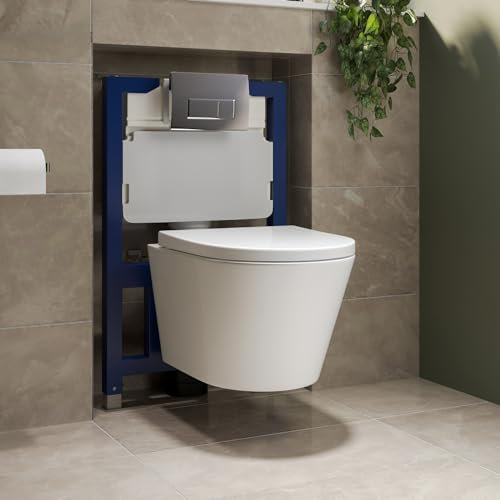 Newport Wall Hung Toilet with Soft Close Seat Chrome Pneumatic Flush Plate 820mm Frame & Cistern
