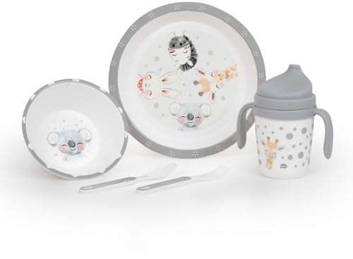 Danielstore Vajilla Bebé 5 Piezas | Apta Microondas y Lavavajillas | Libre de BPA | Incluye Plato, Cuenco, Cubiertos y Vaso con Pitorro, Juego de 5 Piezas | Babero incluido (Animales gris)