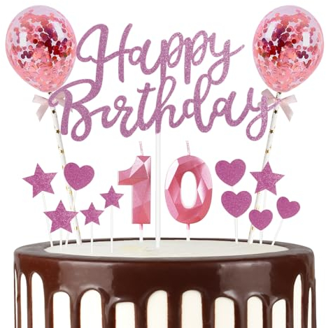 mciskin Pink 10th Birthday Decorations for Girl,3D Number 10 Candle for Cake,Pink Cake Toppers for Girl,Glitter Happy 10th Birthday Cake Toppers Balloons for Party Decorations Supplies