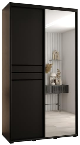 MEBLE KRYSPOL Davos 11 140 Schrank mit Zwei Schiebetüren für Schlafzimmer - Moderner Schrank mit Spiegel, Kleiderstange und Regalen - 235,2x140x60 cm - Schwarz Schwarz Schwarz
