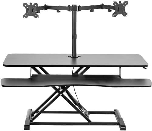 VIVO Height Adjustable 107cm Standing Desk Converter with Dual 33cm to 76cm Monitor Stand, Sit Stand Monitor Mount and Desk Riser, Black, DESK-V042KB-M2