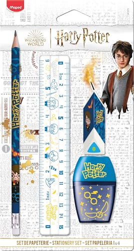 Maped - 4-teiliges Schreibwaren-Set – 1 transparentes Lineal 15 cm + 1 Anspitzer, 1 Loch + 1 Radiergummi + 1 Bleistift HB – Offizielles Harry Potter-Lizenzprodukt